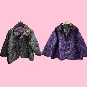 Kenar Jacket Purple & Charcoal Gray Metallic Reversible Quilted Floral Jacket